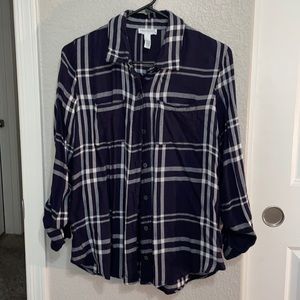 Navy and white plaid flannel shirt. Women’s size medium